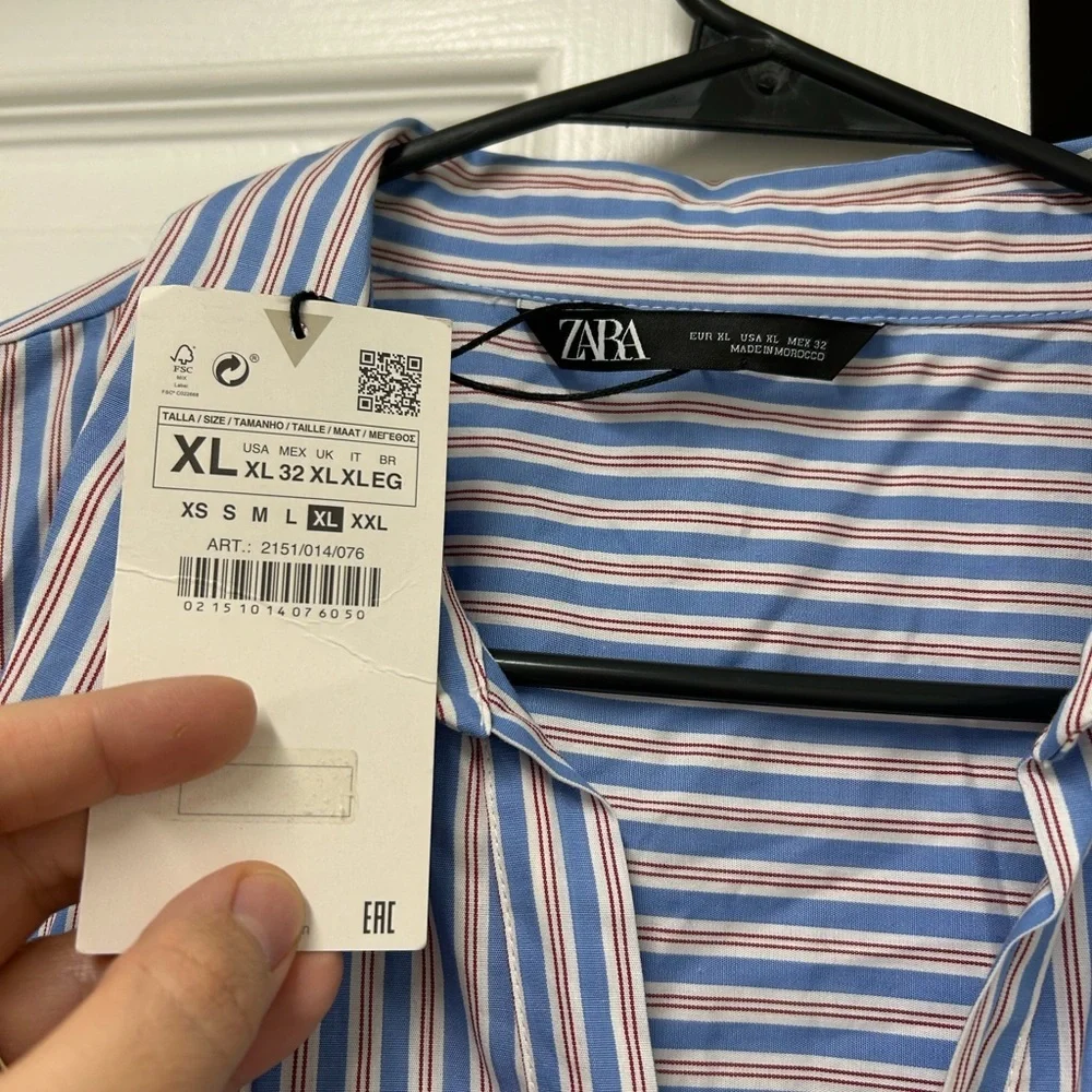NWT Zara Blue & White Striped Cotton Shirt Dress, Cap Sleeves – Size XL